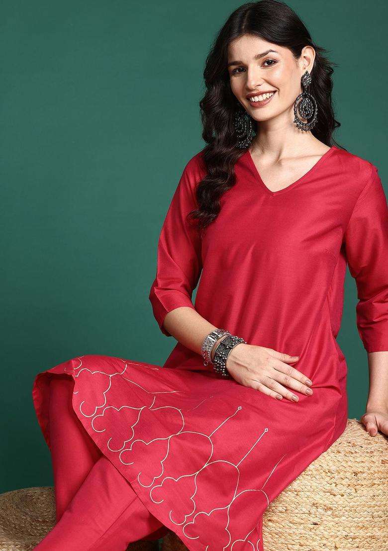 Maroon Printed Polyester Kurta Set - Indya