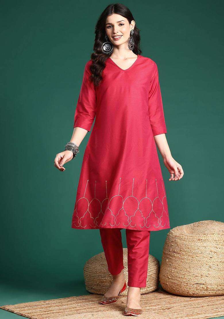 Maroon Printed Polyester Kurta Set - Indya