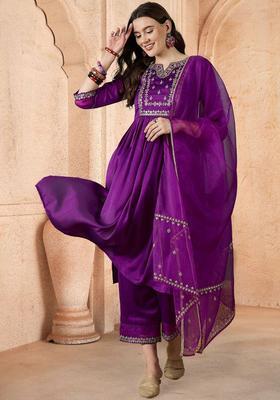 Purple Solid Silk Blend Kurta Set