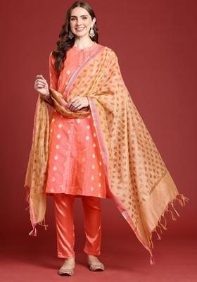 Peach Woven Design Silk Blend Kurta Set