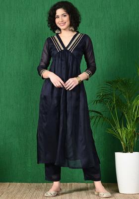 Navy Blue Solid Silk Kurta Set