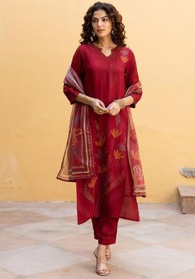 Maroon Printed Silk Kurta Set