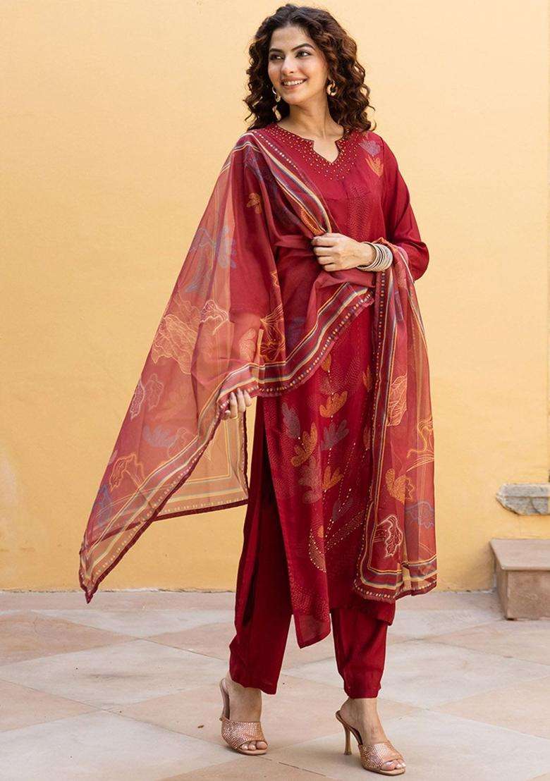 Maroon Printed Silk Blend Kurta Set - Indya
