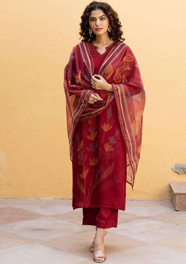 Maroon Printed Silk Blend Kurta Set - Indya