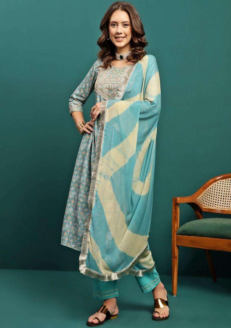 Turquoise Blue Printed Silk Blend Anarkali Set - Indya