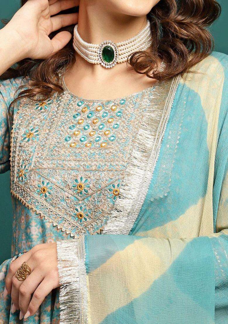 Turquoise Blue Printed Silk Blend Anarkali Set - Indya