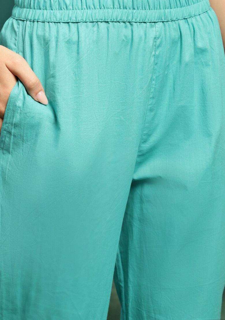 Turquoise Blue Printed Silk Blend Anarkali Set - Indya