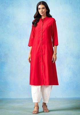 Red Solid Silk Blend Kurta Set