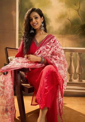 Red Solid Silk Blend Kurta Set