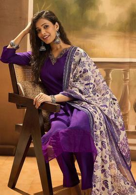 Violet Solid Silk Blend Kurta Set