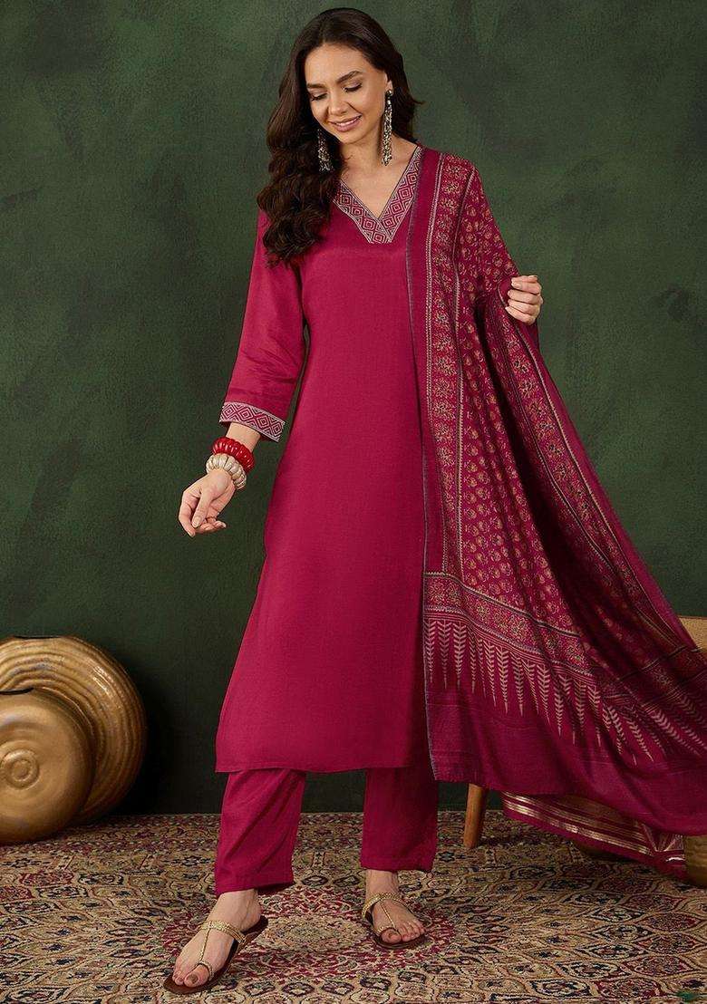 Maroon Solid Viscose Kurta Set - Indya