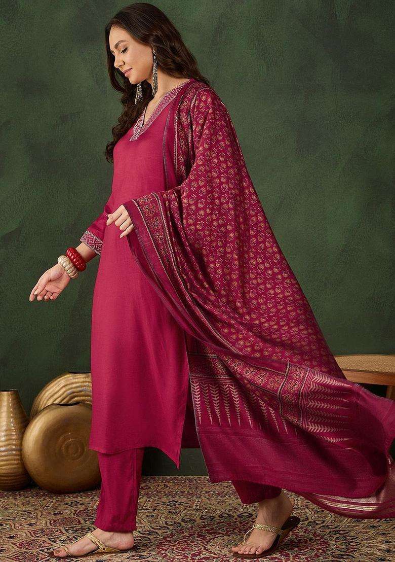 Maroon Solid Viscose Kurta Set - Indya