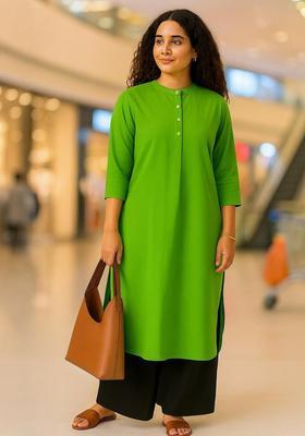 Lime Green Solid Cotton Kurta Set