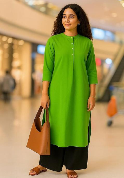 Lime Green Solid Cotton Kurta Set — view on Indya