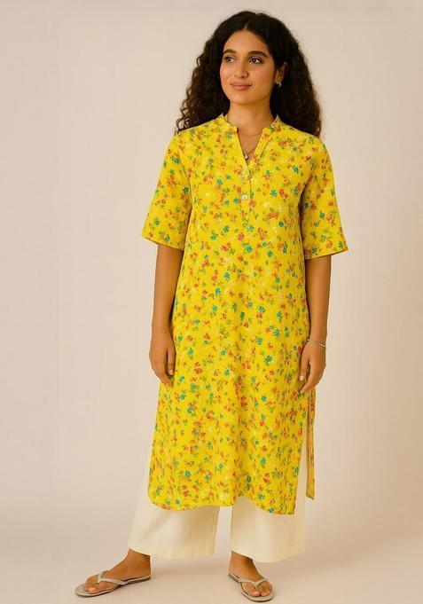 Yellow Printed Cotton Kurta Set — view on Indya
