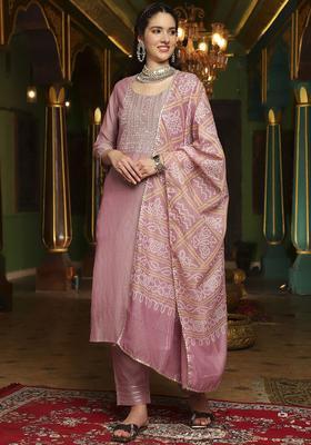 Mauve Embroidered Silk Blend Kurta Set