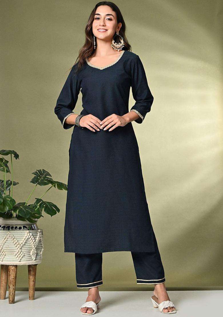 Navy Blue Solid Cotton Kurta Set - Indya