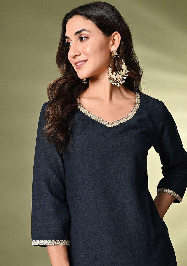Navy Blue Solid Cotton Kurta Set - Indya