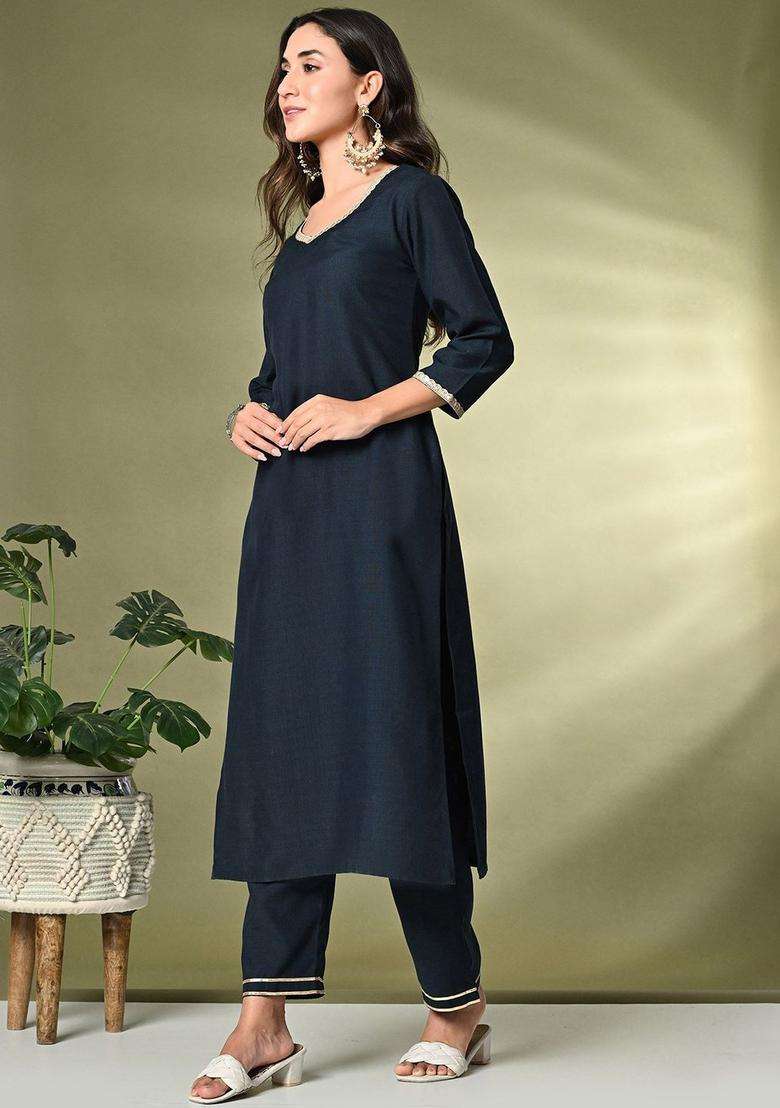 Navy Blue Solid Cotton Kurta Set - Indya