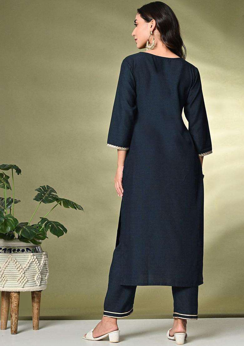 Navy Blue Solid Cotton Kurta Set - Indya