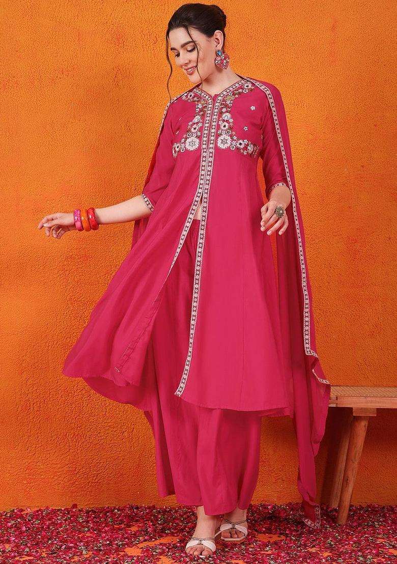 Pink Embroidered Silk Blend Anarkali Set - Indya