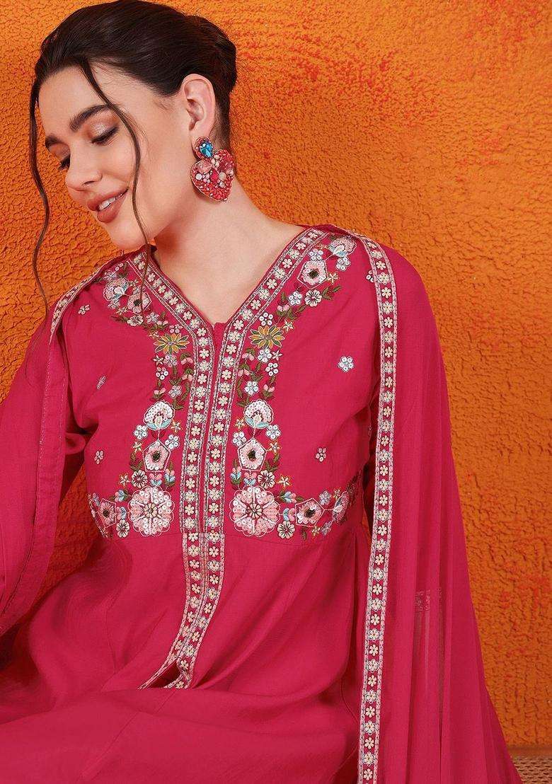 Pink Embroidered Silk Blend Anarkali Set - Indya