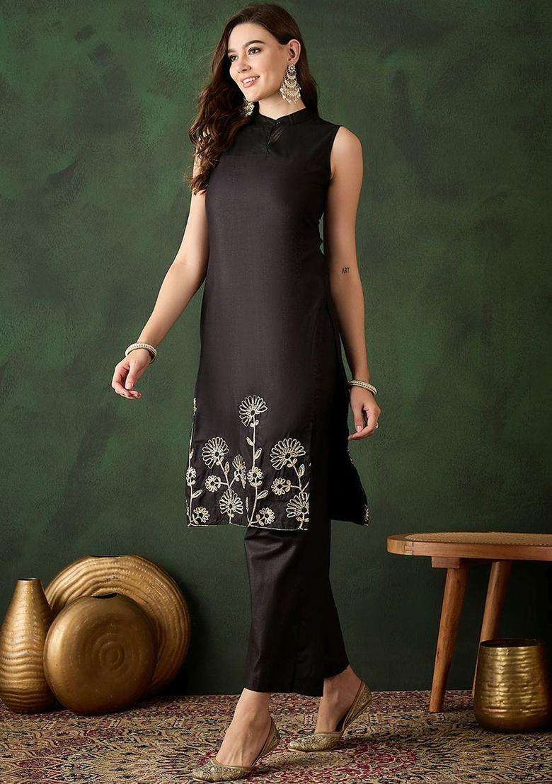 Black Embroidered Cotton Kurta Set - Indya