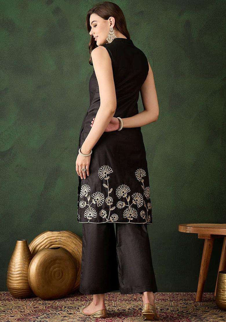 Black Embroidered Cotton Kurta Set - Indya