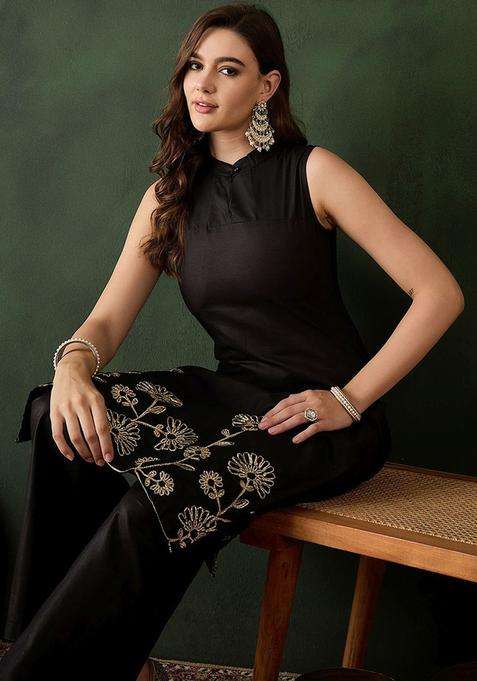 Black Embroidered Cotton Kurta Set