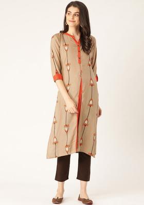 Beige Printed Viscose Kurta Set