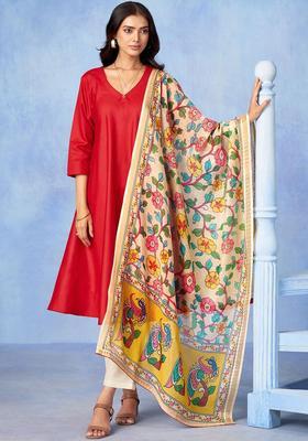 Red Solid Cotton Kurta Set