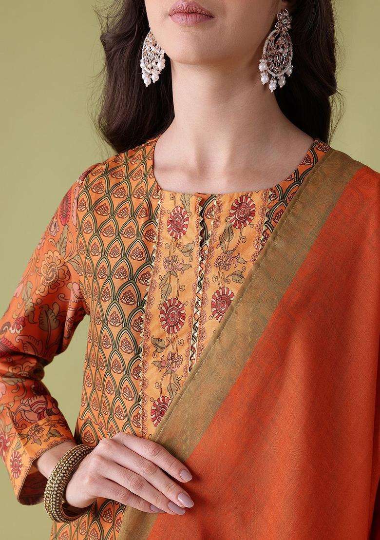 Rust Printed Polyester Kurta Set - Indya