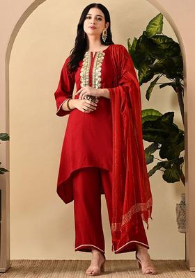 Red Solid Silk Blend Kurta Set