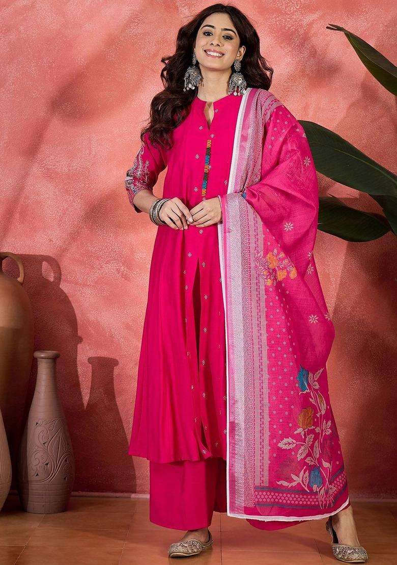 Pink Embroidered Silk Blend Anarkali Set - Indya