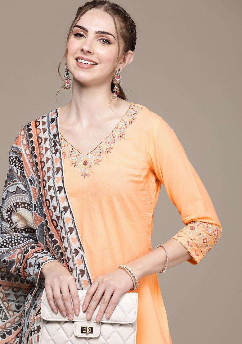 Coral Embroidered Cotton Kurta Set - Indya