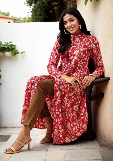 Red Printed Cotton Anarkali Set — view on Indya
