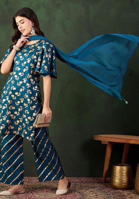 Blue Woven Design Silk Kurta Set — view on Indya