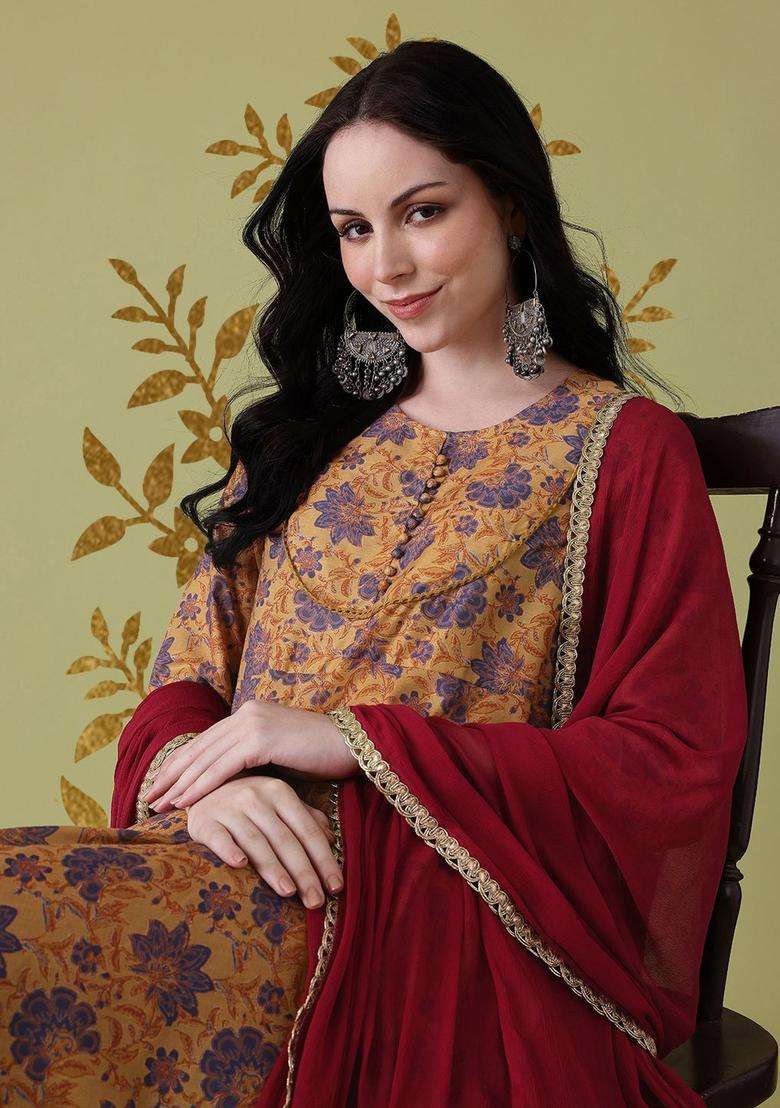 Mustard Printed Cotton Kurta Set - Indya