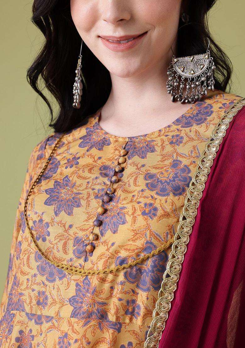 Mustard Printed Cotton Kurta Set - Indya