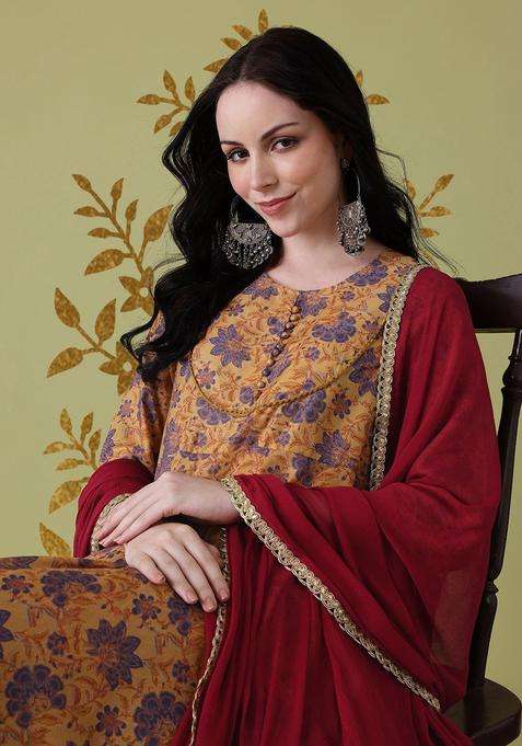 Mustard Printed Cotton Kurta Set