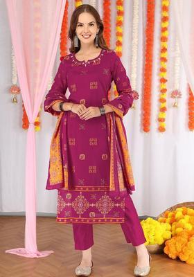 Magenta Printed Cotton Kurta Set