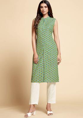 Lime Green Printed Cotton Kurta Set