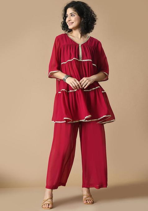 Red Solid Georgette Anarkali Set — view on Indya