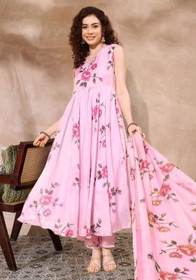 Pink Printed Organza Kurta Set