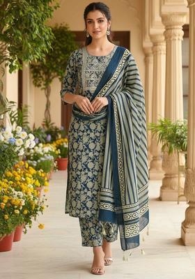 Navy Blue Printed Cotton Kurta Set