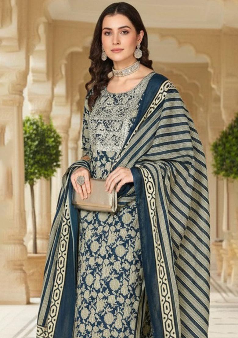 Navy Blue Printed Cotton Kurta Set - Indya