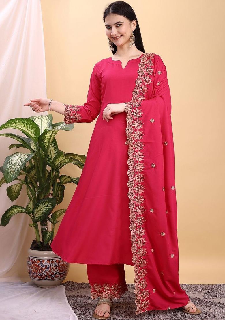 Pink Solid Viscose Kurta Set - Indya