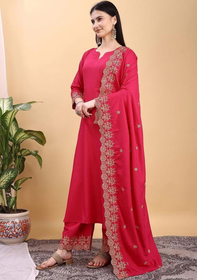 Pink Solid Viscose Kurta Set - Indya