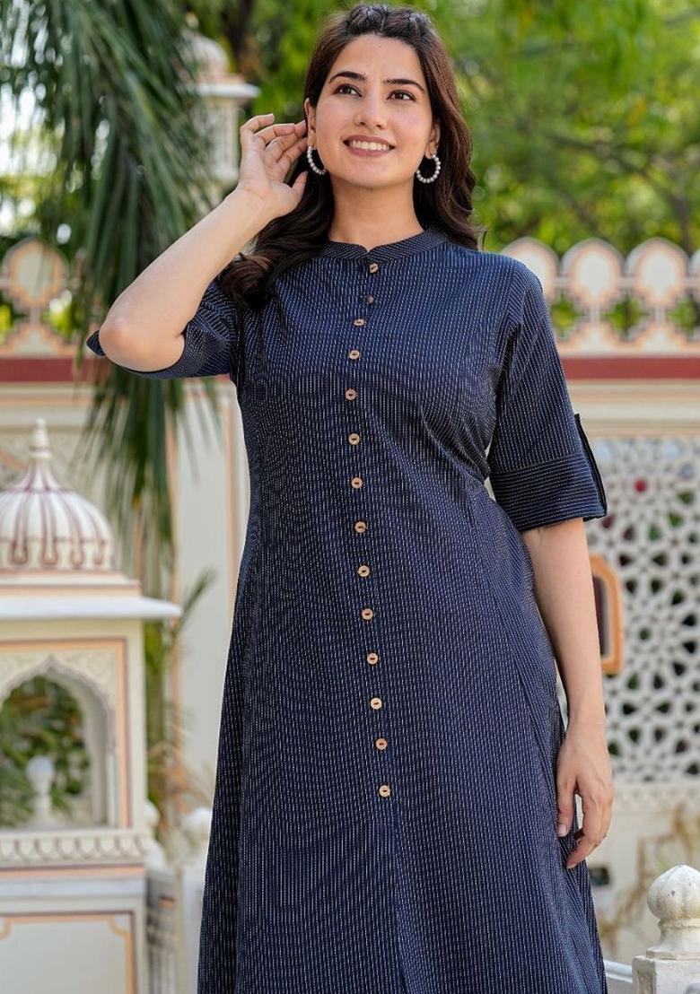 Navy Blue Printed Cotton Kurta Set - Indya