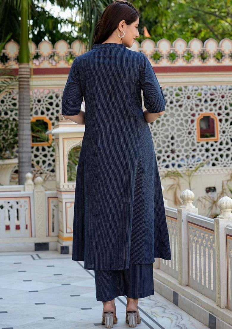 Navy Blue Printed Cotton Kurta Set - Indya